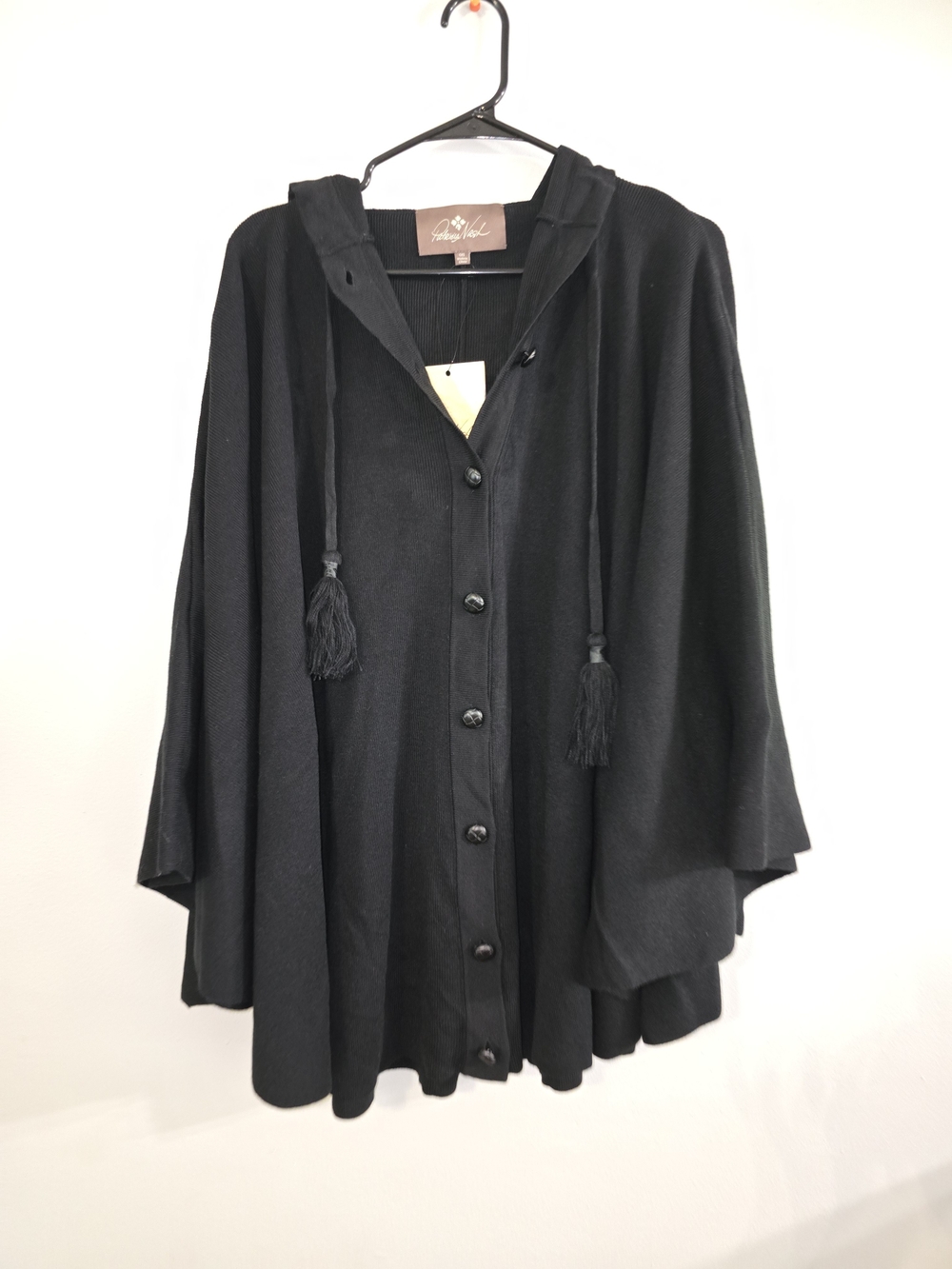 Black Hooded Button-Front Cape with Tassel Ties